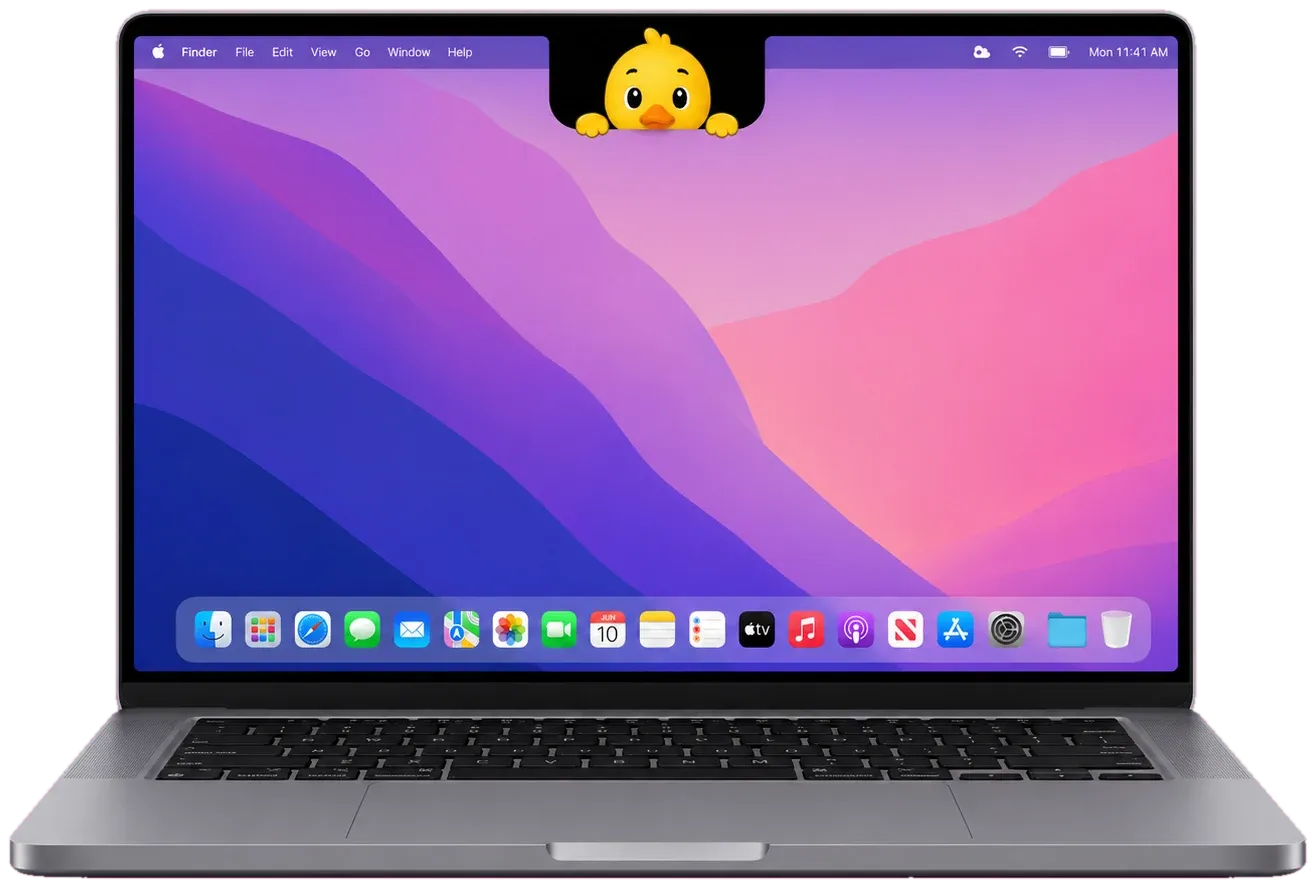 A MacBook where Waddleby peeks out from under the menu-bar notch, watching over the screen